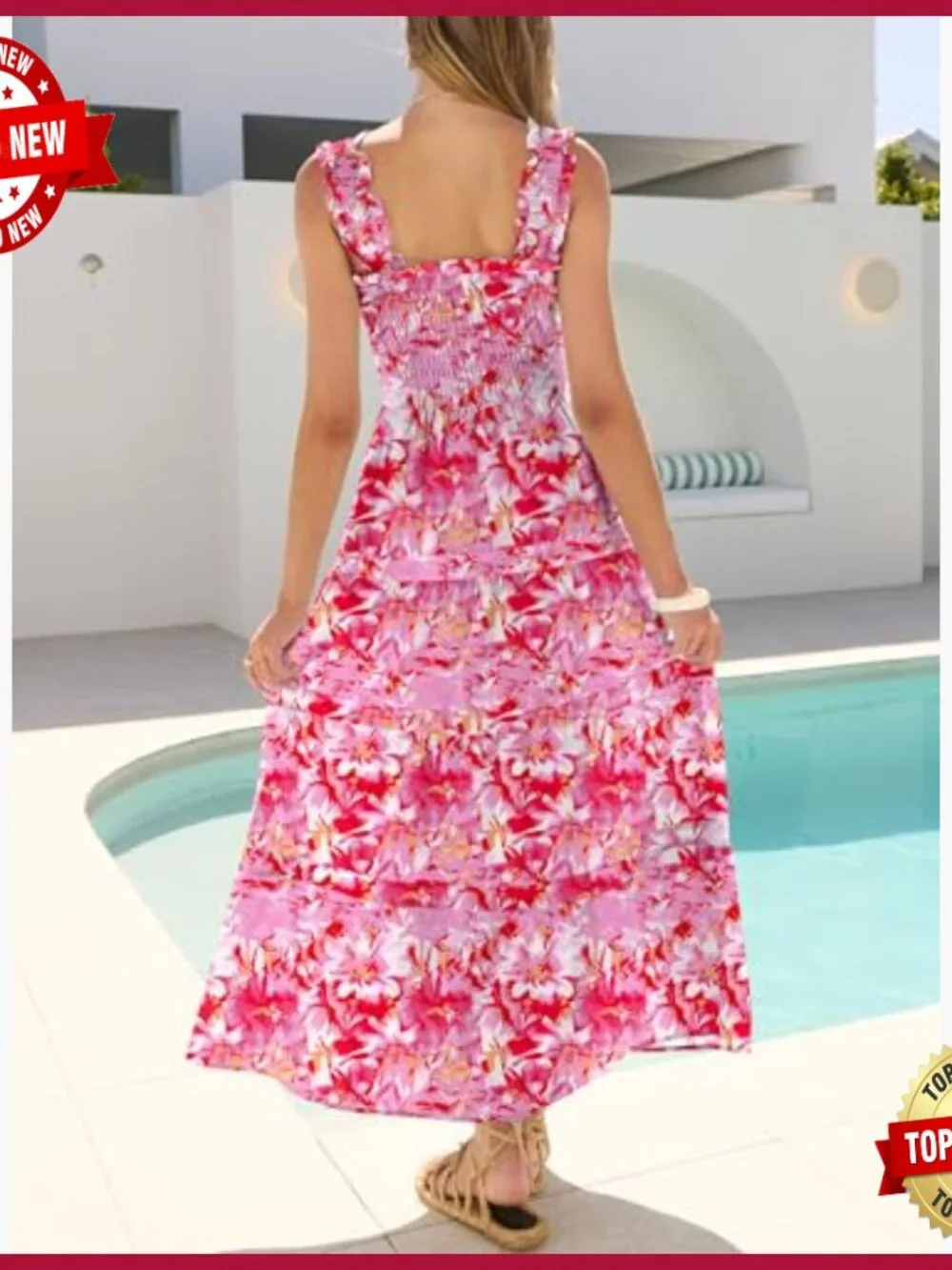 Sleeveless Maxi Dress Smocked Bodice Tiered A-Line Flowy Summer Beach - Picture 6 of 7